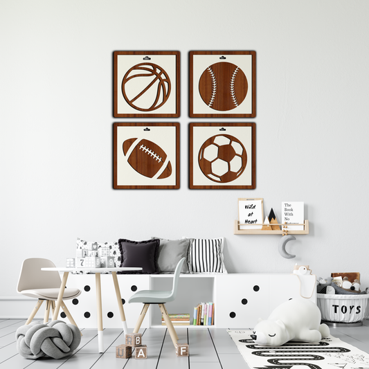 Set Of 4 Basketball, Baseball, Soccer, American Football, Framed Wooden Wall Art