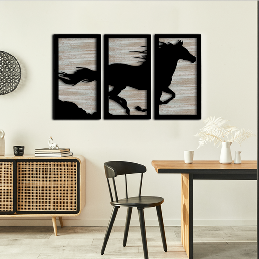 3D Horse Wall Hanging With Rustic Background Set of 3