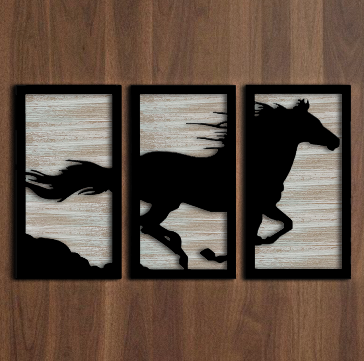 3D Horse Wall Hanging With Rustic Background Set of 3