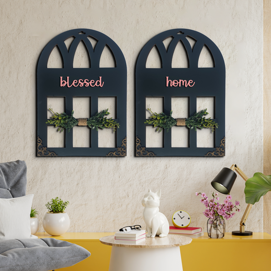 Blessed Home Quote Window Wall Art Stone Grey Set of 2