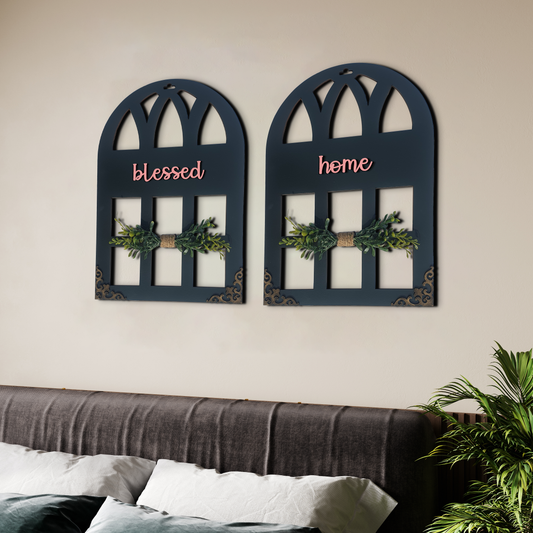 Blessed Home Quote Window Wall Art Stone Grey Set of 2
