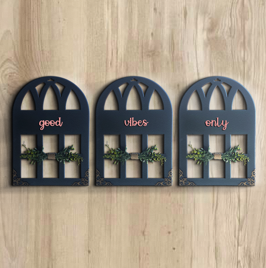 Good Vibes Only Positive Affirmation Window Wall Art Stone Grey Set of 3