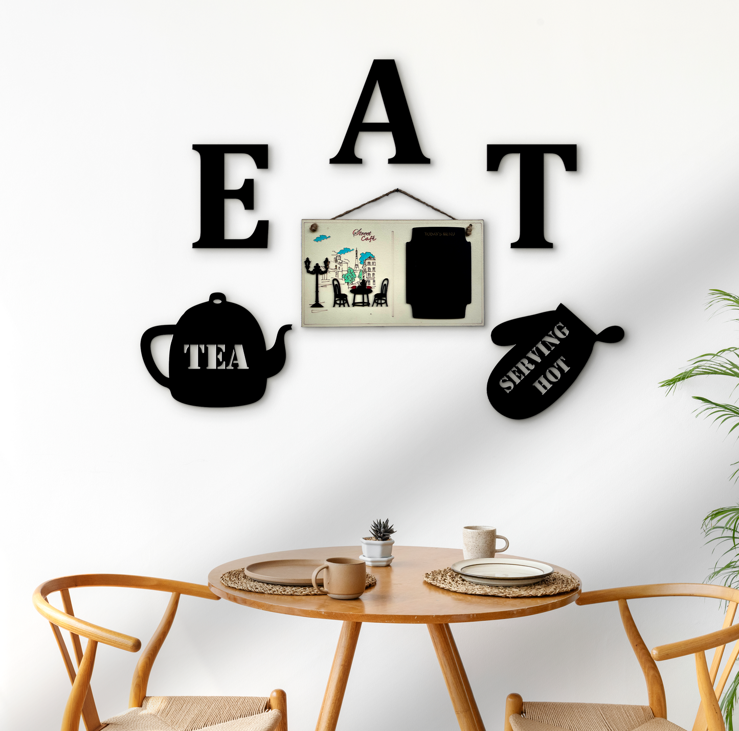 Kitchen Wall Art with Street Cafe, EAT, Kettle, and Oven Mitt Designs Set of 6