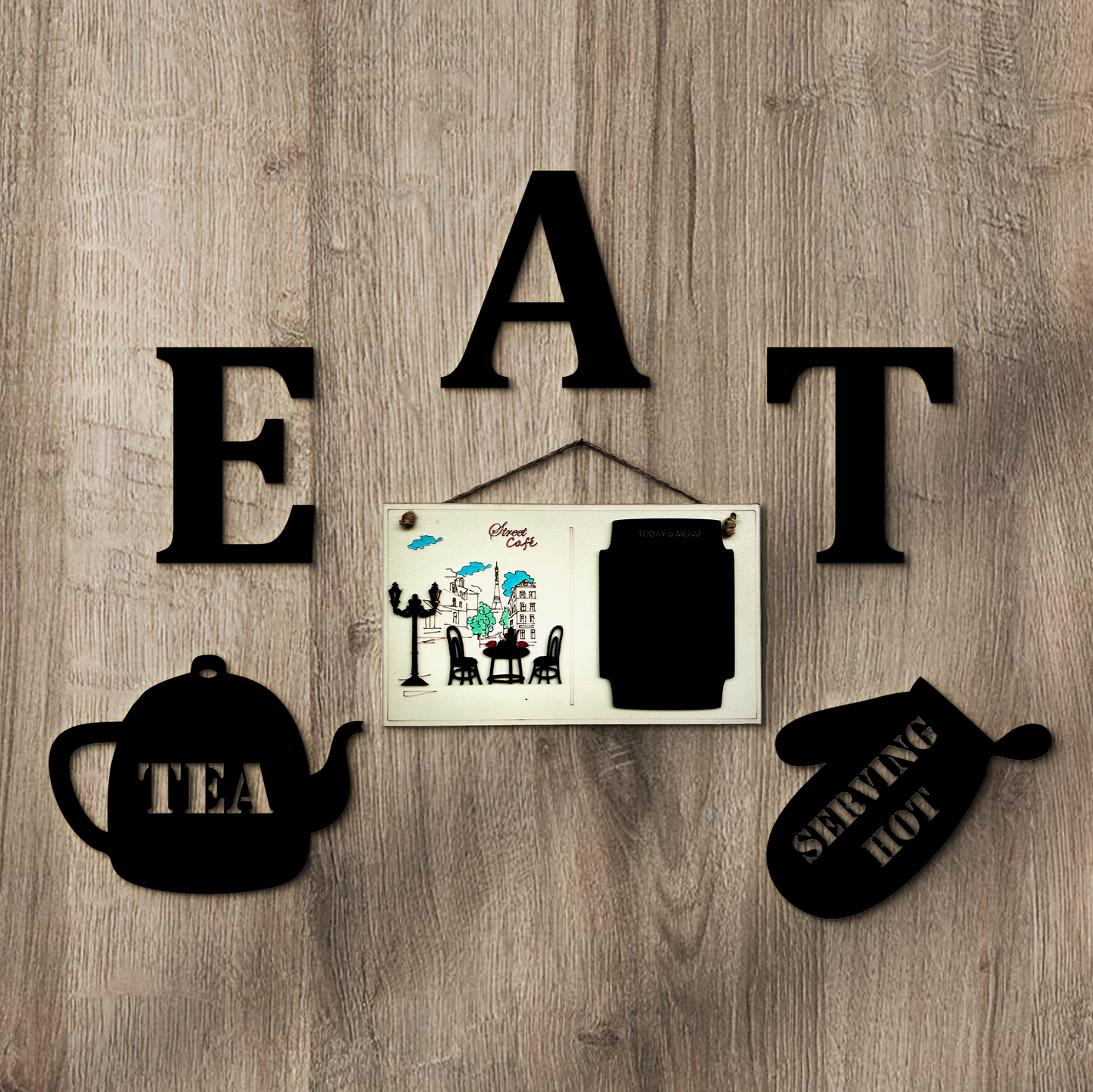 Kitchen Wall Art with Street Cafe, EAT, Kettle, and Oven Mitt Designs Set of 6