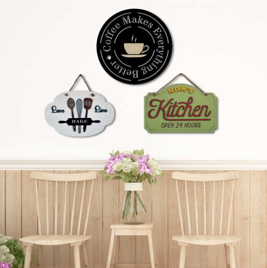 Mom's Kitchen, But First Coffee, and Love Live Bake 3D Wooden Wall Art Set of 3