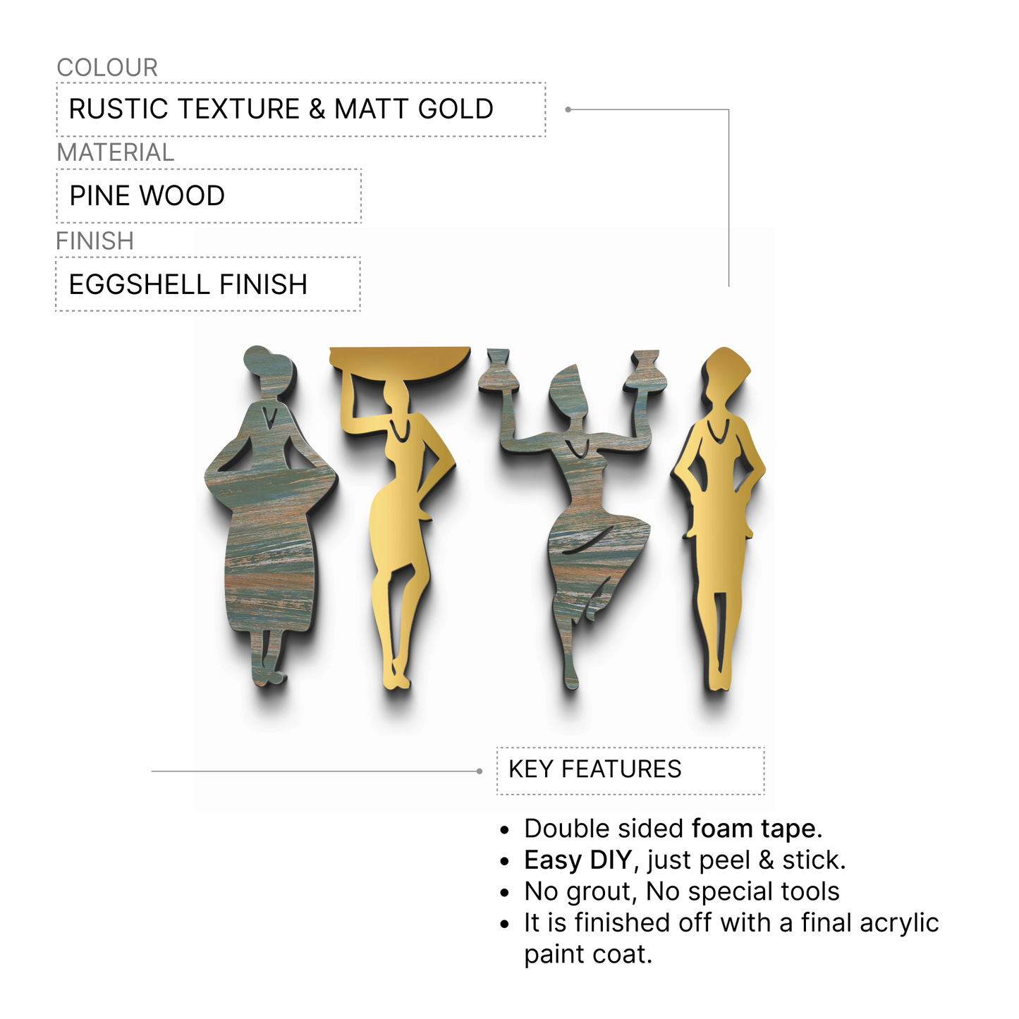 2 in 1 Rustic Green and Gold 3D Tribal Women 4 Pcs Wall Decor Art