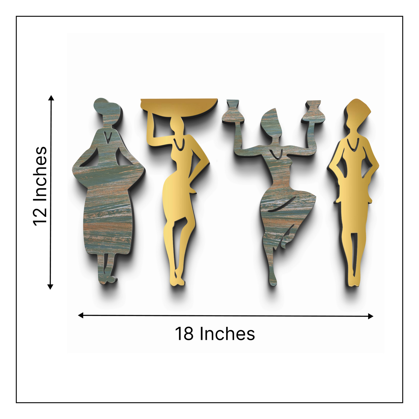 2 in 1 Rustic Green and Gold 3D Tribal Women 4 Pcs Wall Decor Art