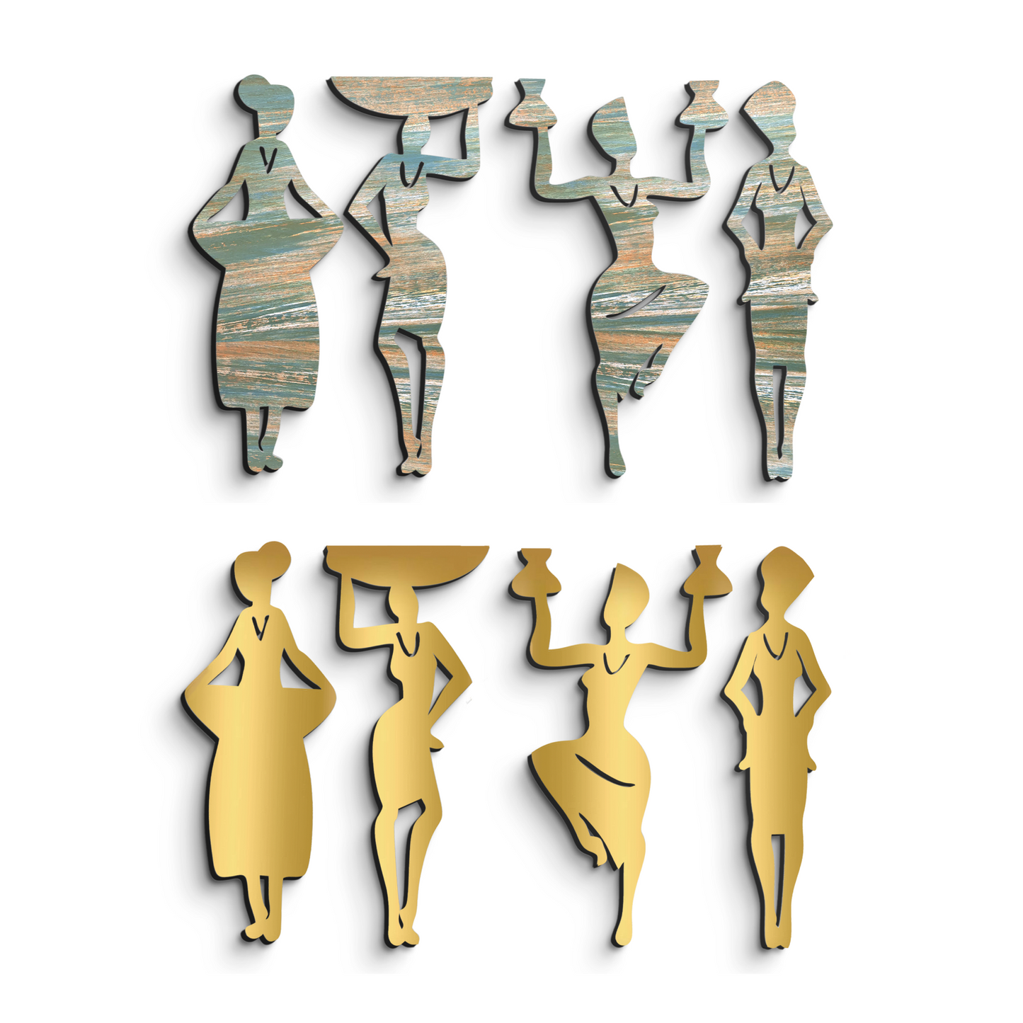 2 in 1 Rustic Green and Gold 3D Tribal Women 4 Pcs Wall Decor Art
