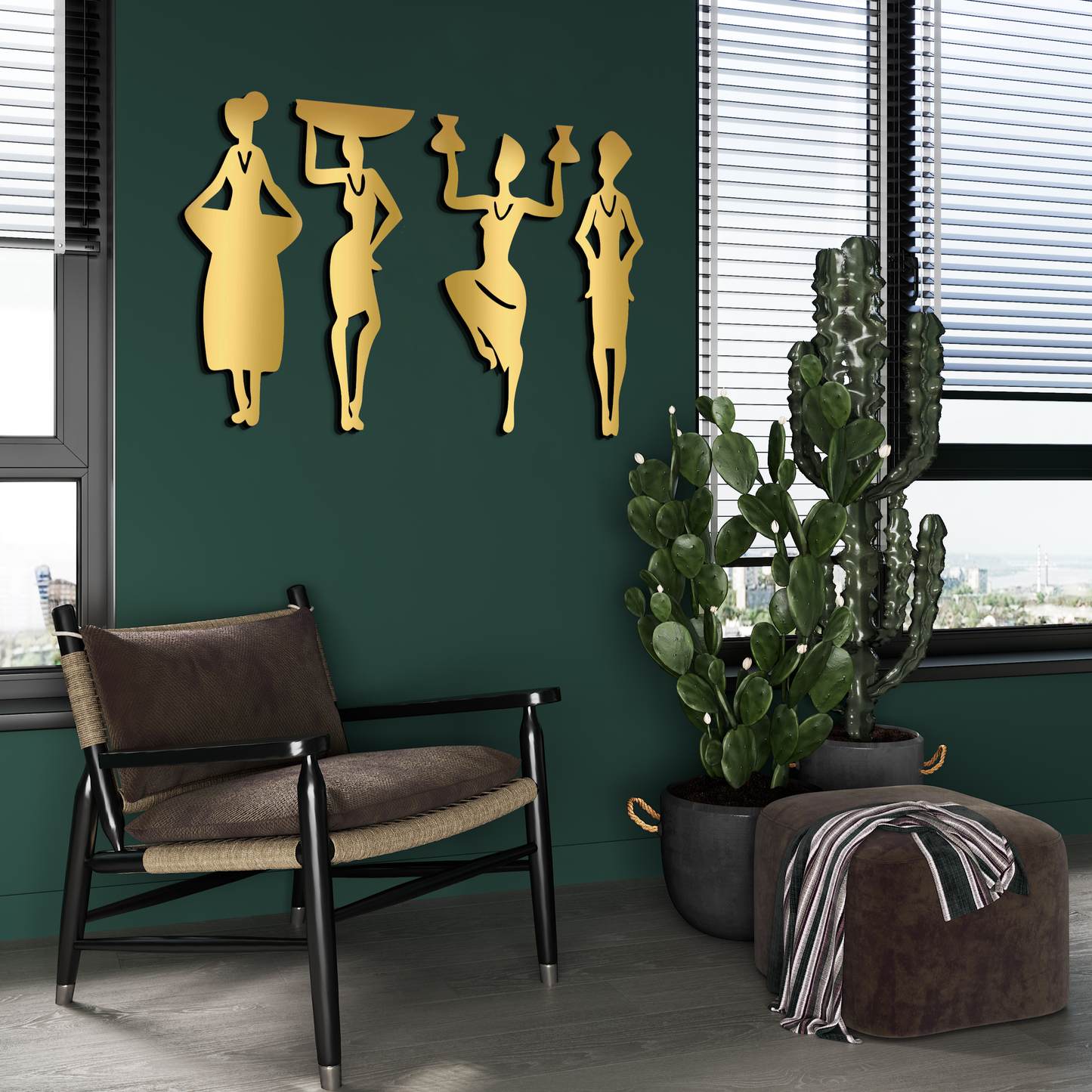 2 in 1 Rustic Green and Gold 3D Tribal Women 4 Pcs Wall Decor Art