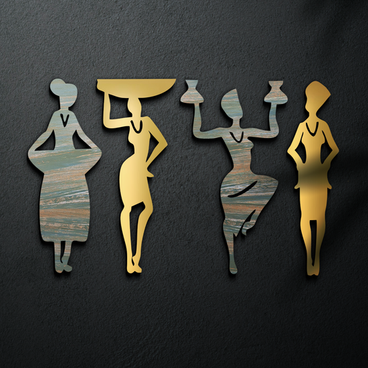 2 in 1 Rustic Green and Gold 3D Tribal Women 4 Pcs Wall Decor Art