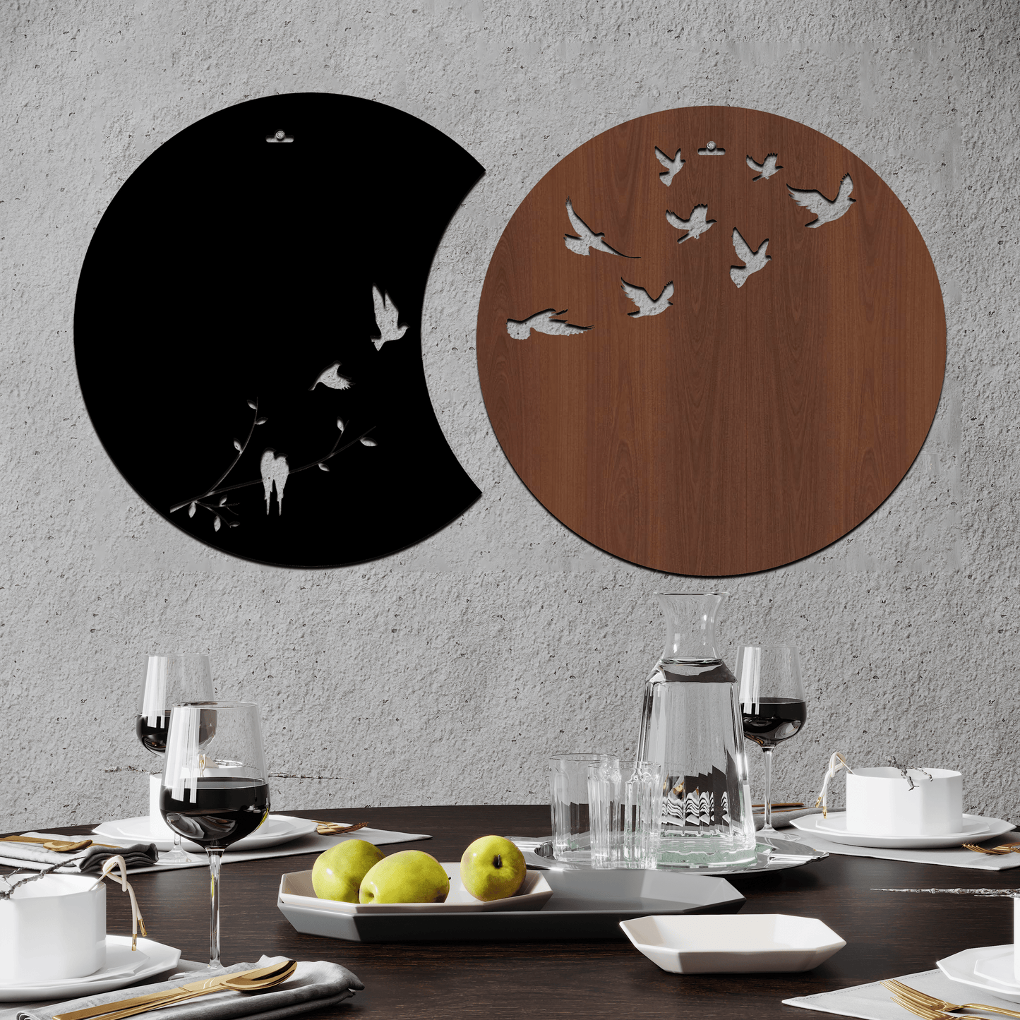 Flying Birds in Waning Gibbous and Full Moon Wooden Wall Art