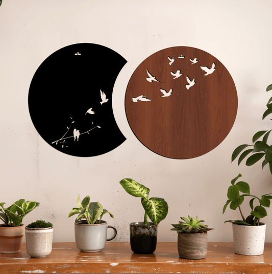 Flying Birds in Waning Gibbous and Full Moon Wooden Wall Art