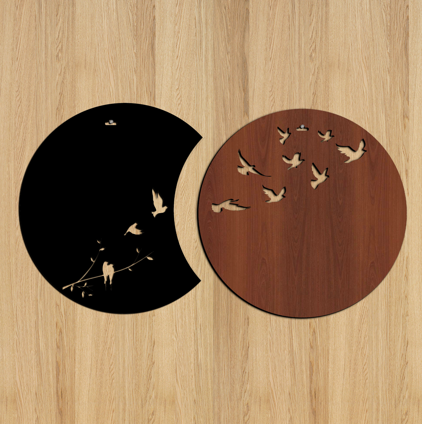 Flying Birds in Waning Gibbous and Full Moon Wooden Wall Art