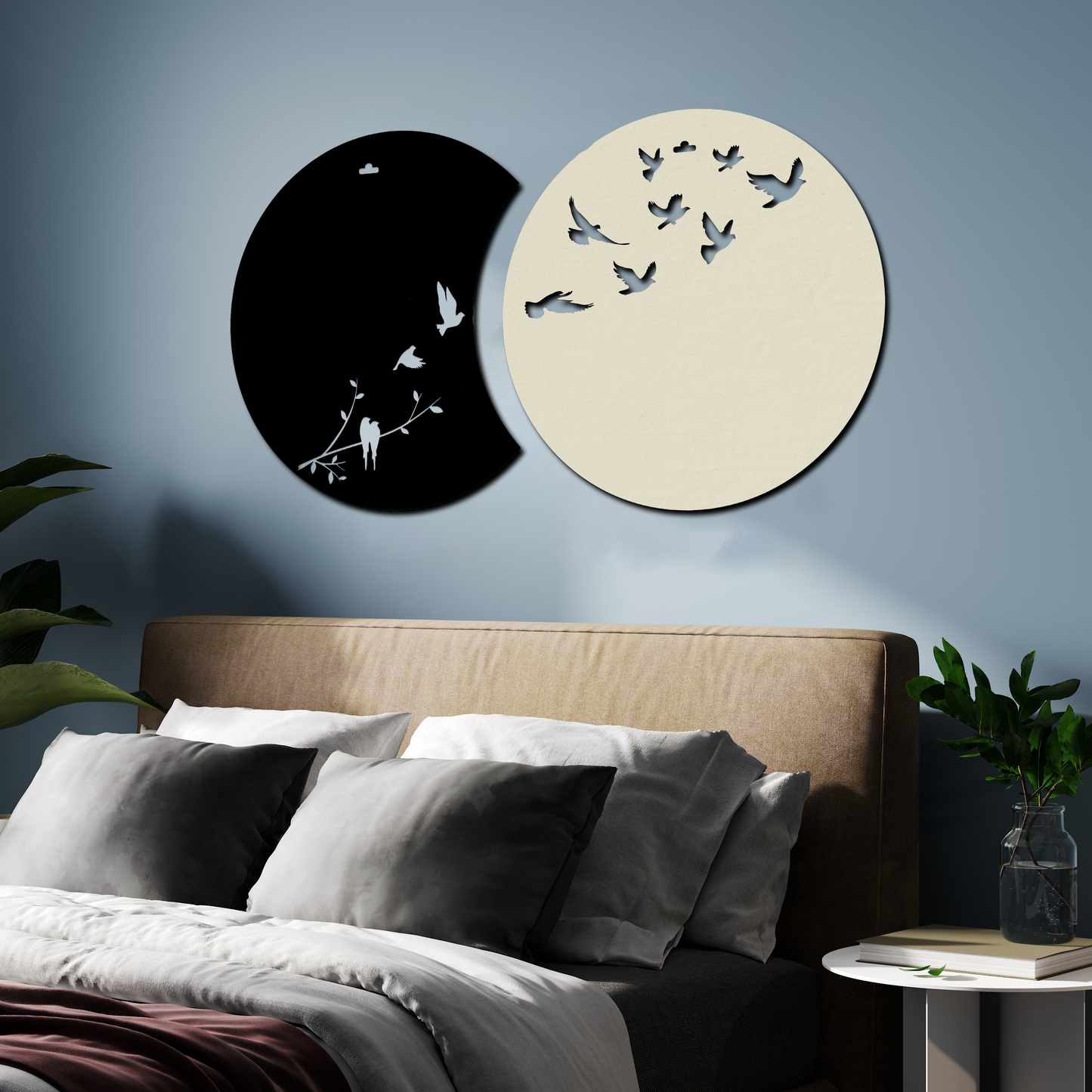 Flying Birds in Waning Gibbous and Full Moon Wooden Wall Art