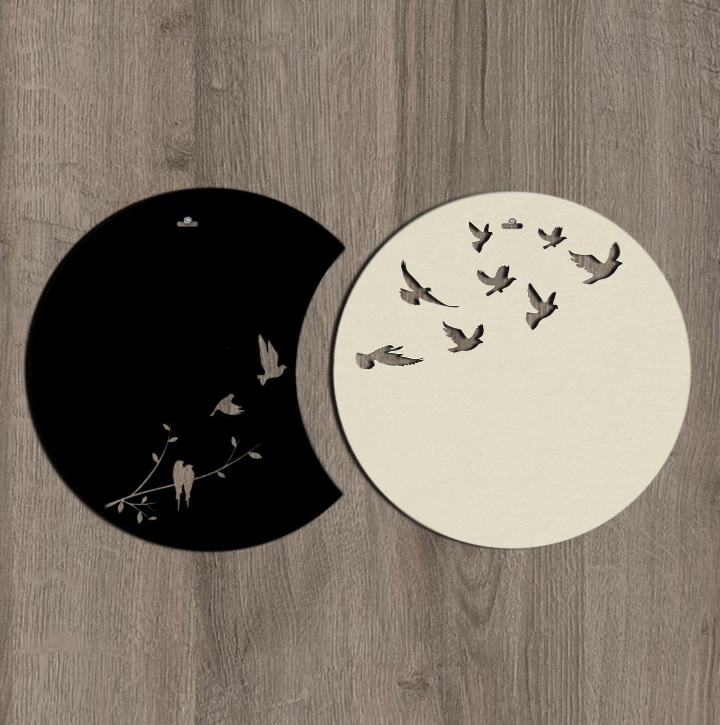 Flying Birds in Waning Gibbous and Full Moon Wooden Wall Art