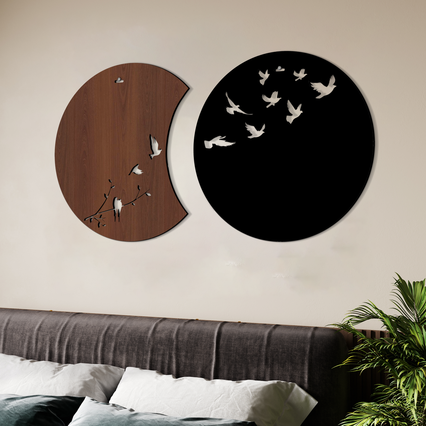 Flying Birds in Waning Gibbous and Full Moon Wooden Wall Art