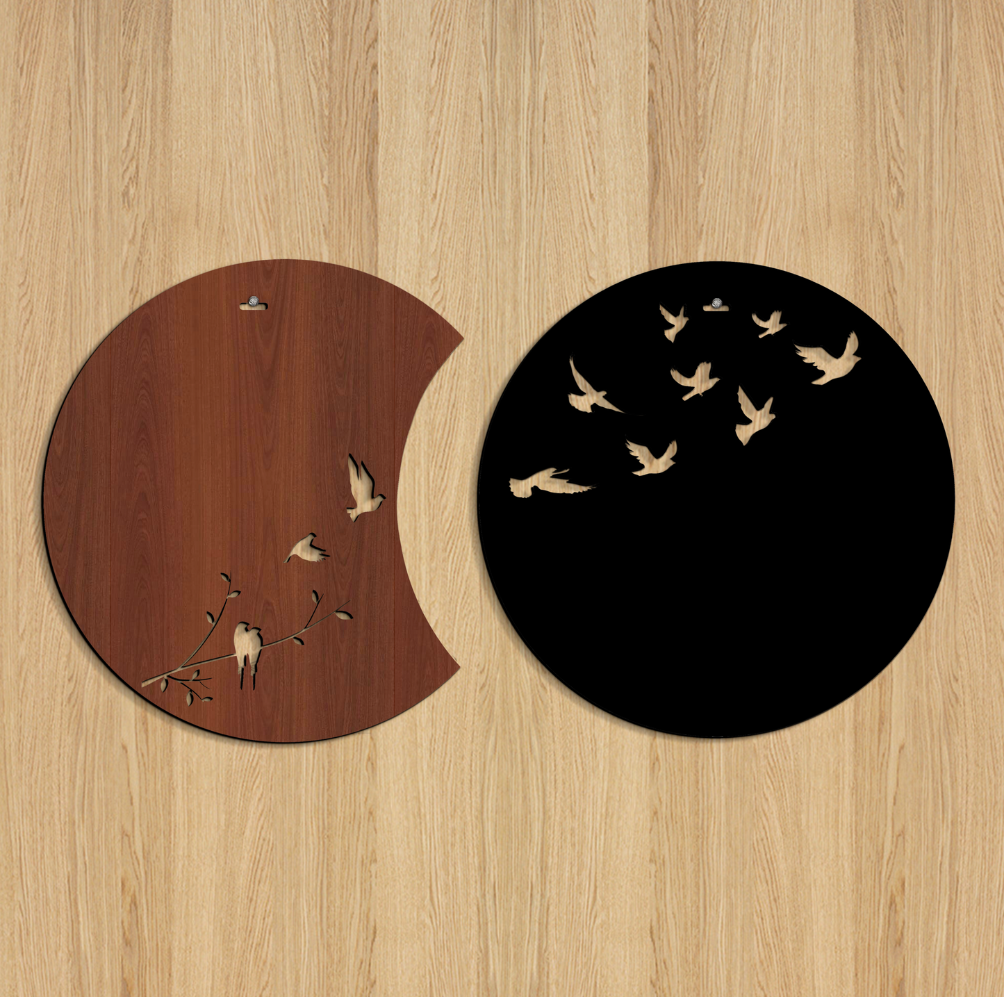 Flying Birds in Waning Gibbous and Full Moon Wooden Wall Art