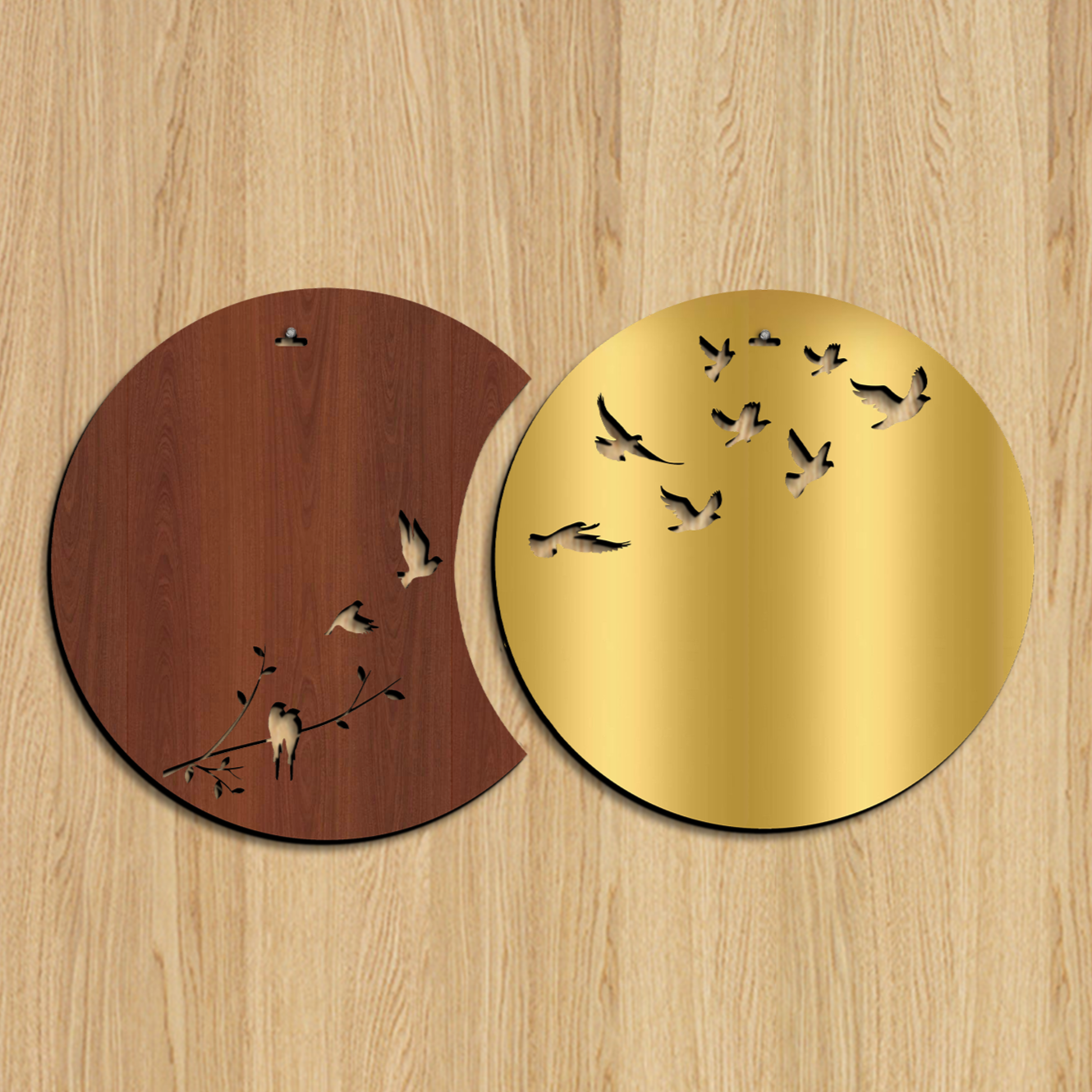 Flying Birds in Waning Gibbous and Full Moon Wooden Wall Art