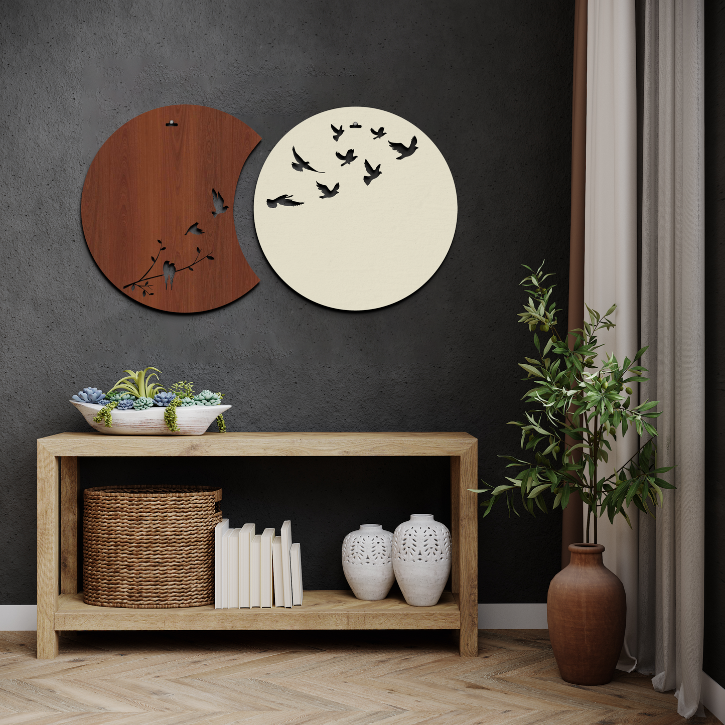 Flying Birds in Waning Gibbous and Full Moon Wooden Wall Art