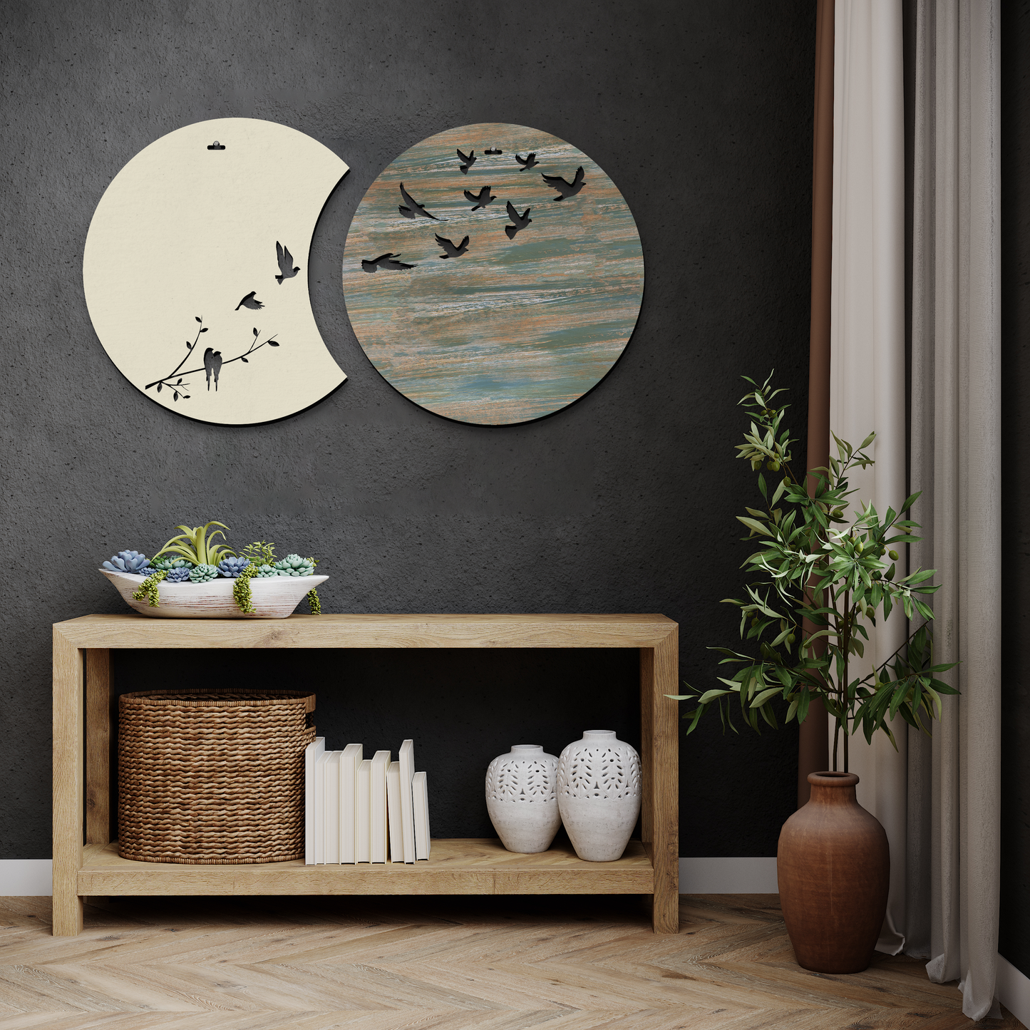 Flying Birds in Waning Gibbous and Full Moon Wooden Wall Art