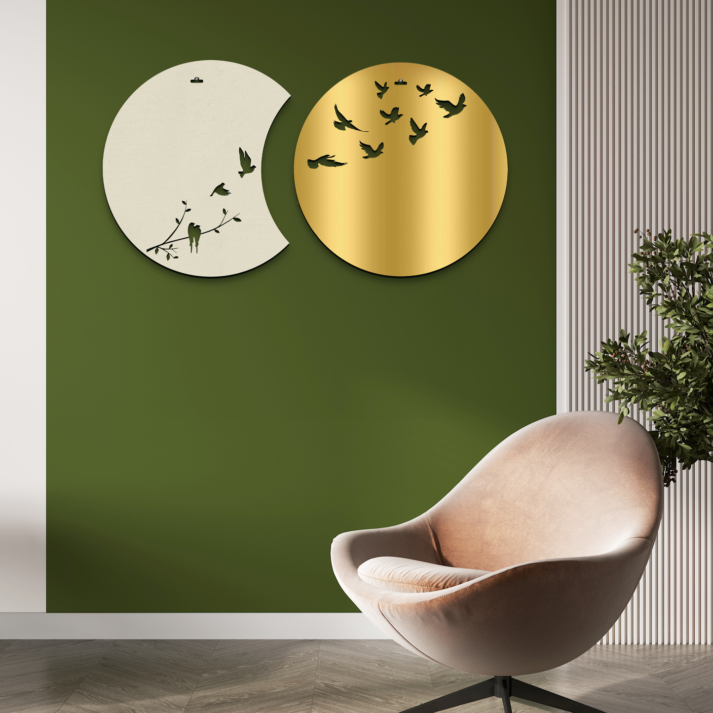 Flying Birds in Waning Gibbous and Full Moon Wooden Wall Art