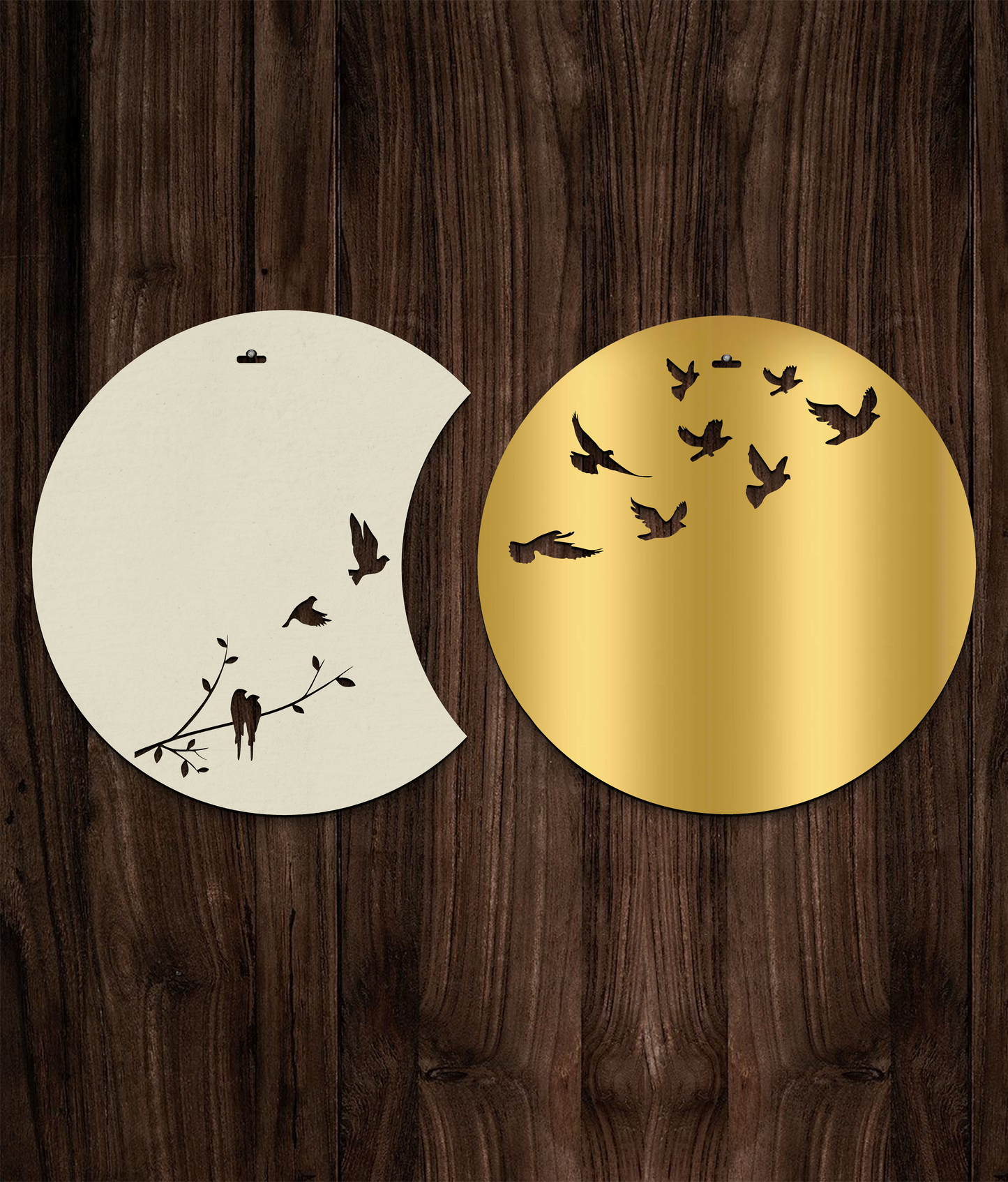 Flying Birds in Waning Gibbous and Full Moon Wooden Wall Art