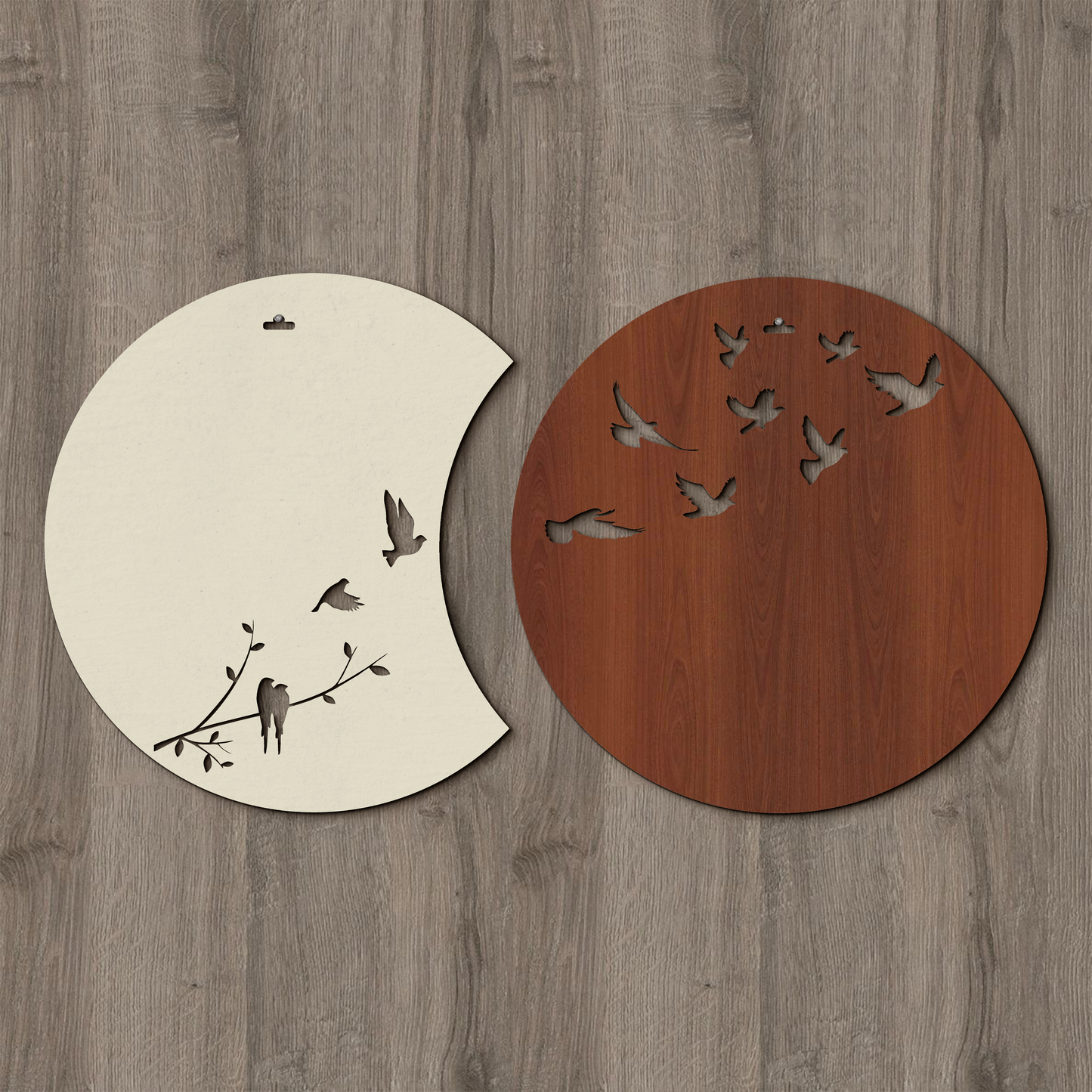 Flying Birds in Waning Gibbous and Full Moon Wooden Wall Art