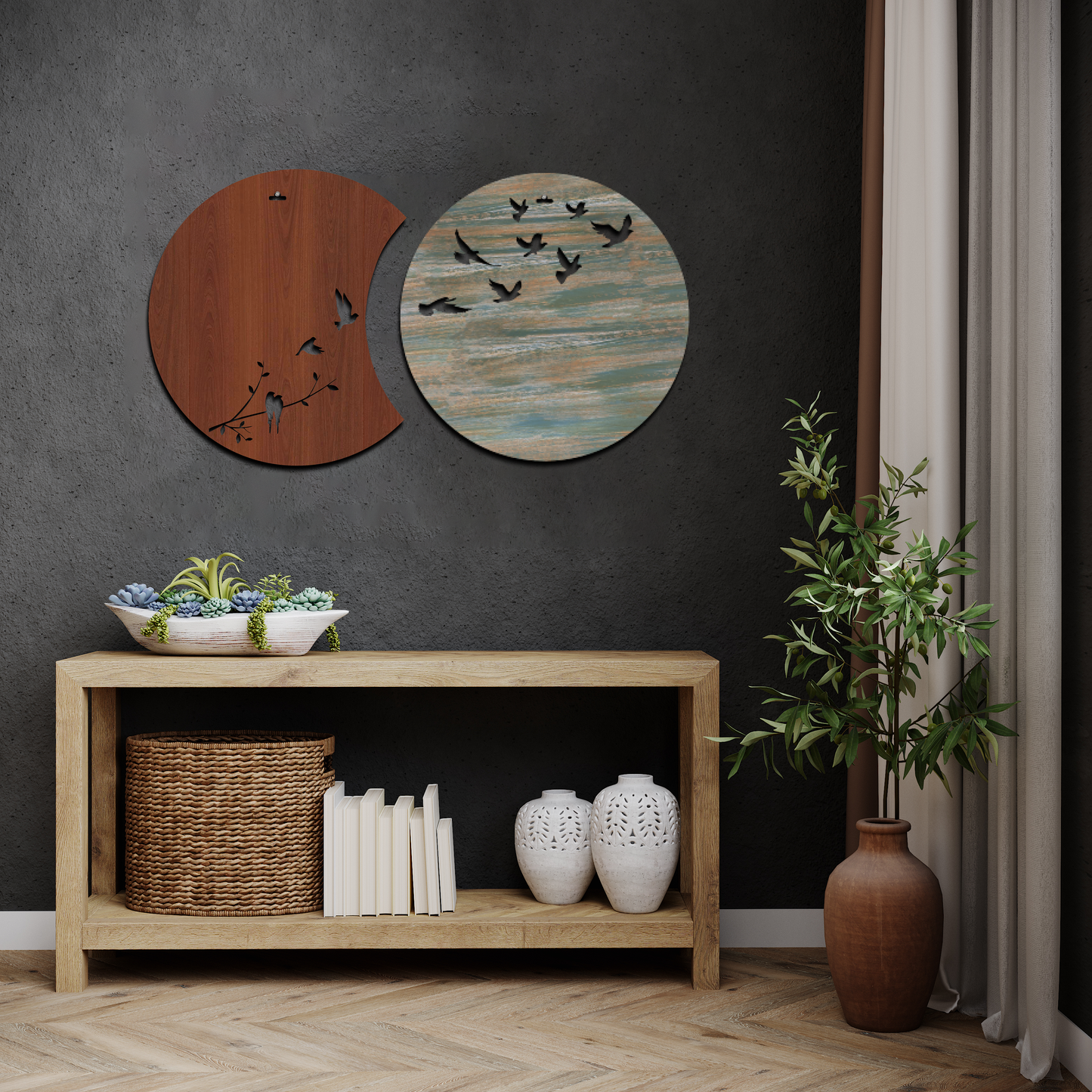 Flying Birds in Waning Gibbous and Full Moon Wooden Wall Art