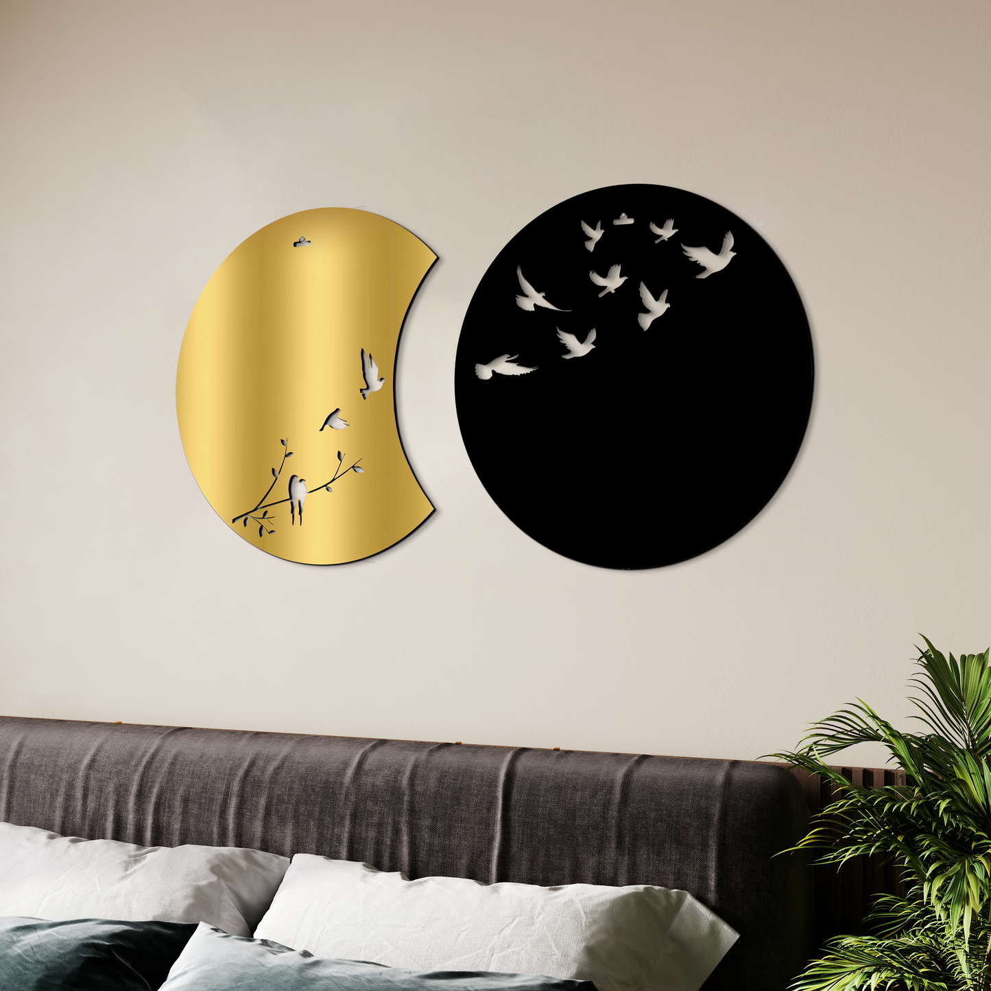 Flying Birds in Waning Gibbous and Full Moon Wooden Wall Art