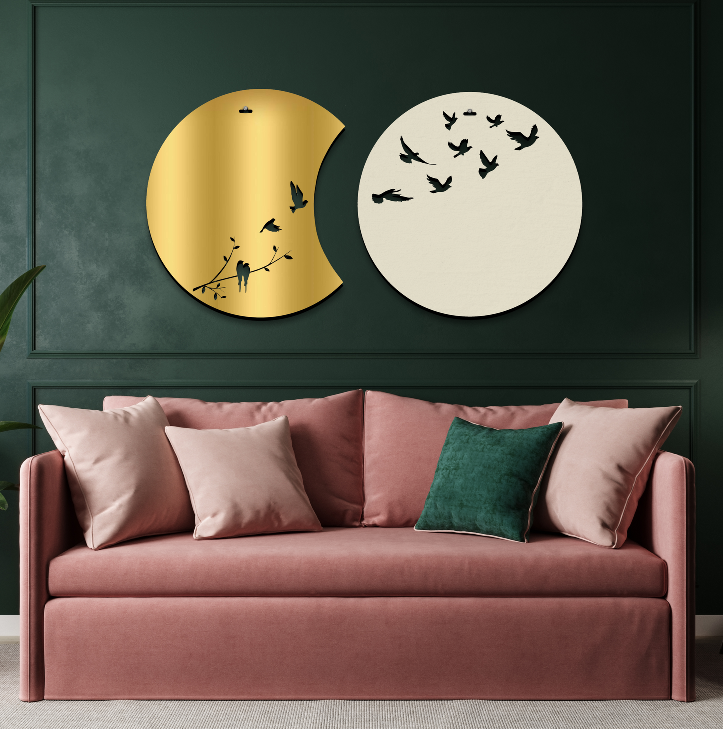 Flying Birds in Waning Gibbous and Full Moon Wooden Wall Art