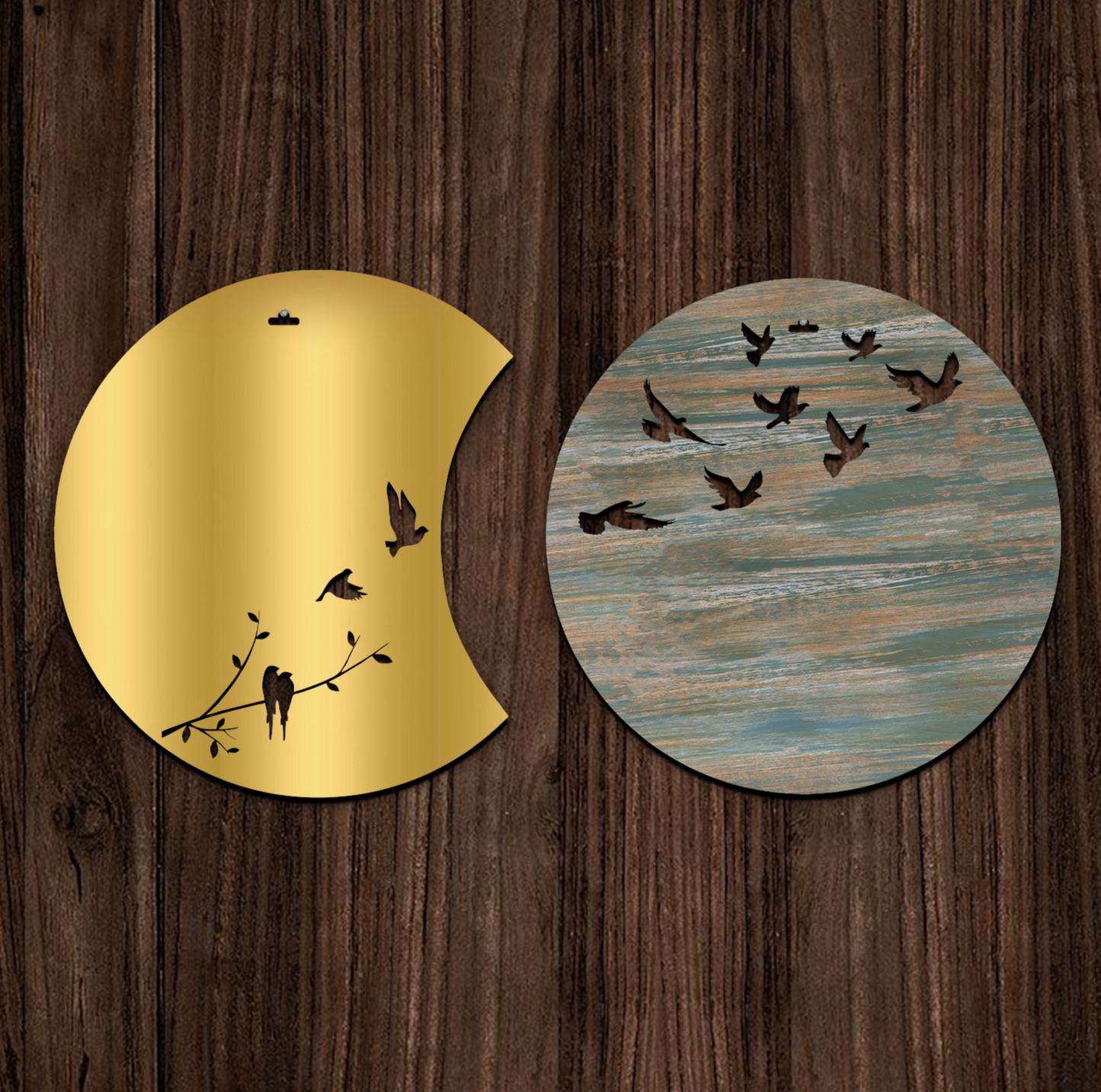 Flying Birds in Waning Gibbous and Full Moon Wooden Wall Art