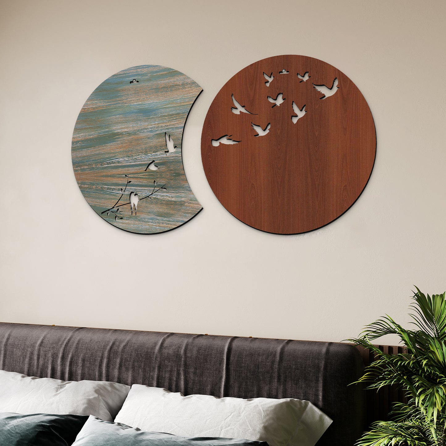 Flying Birds in Waning Gibbous and Full Moon Wooden Wall Art