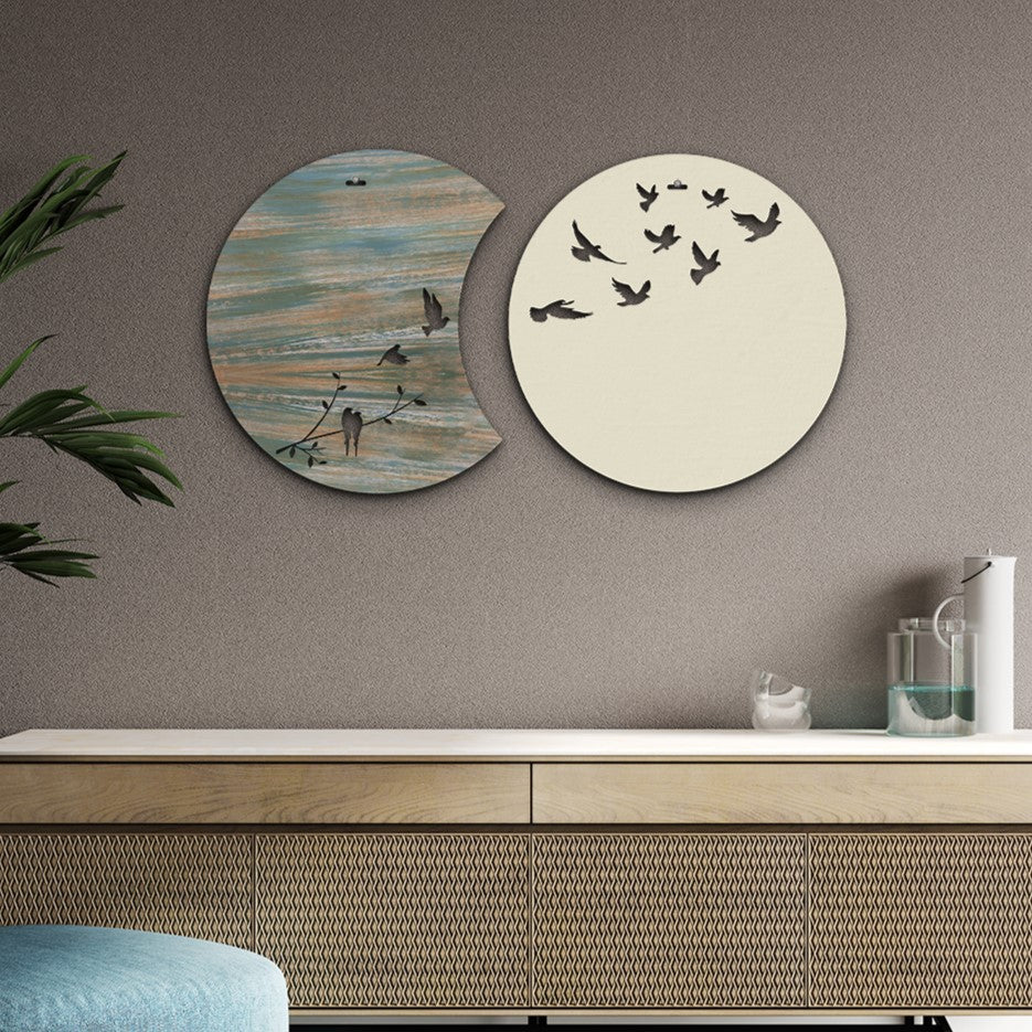 Flying Birds in Waning Gibbous and Full Moon Wooden Wall Art