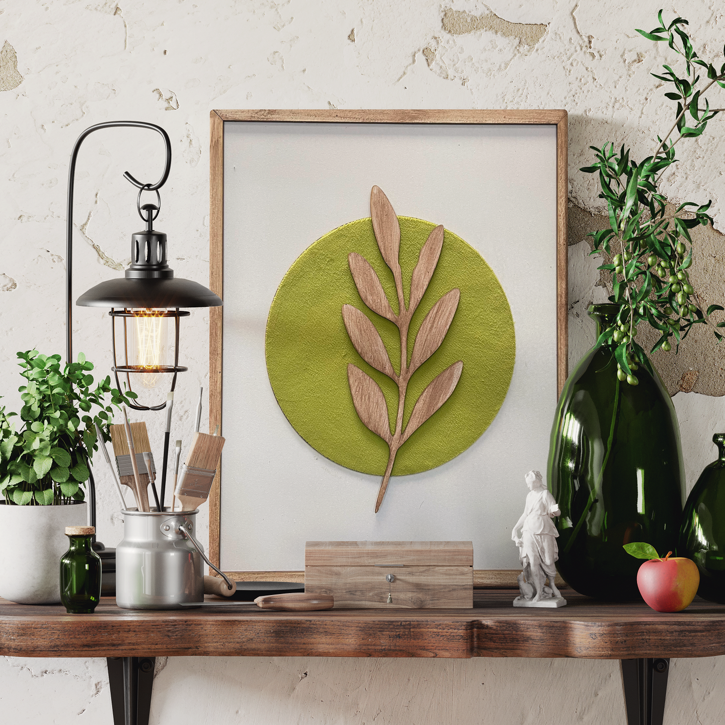 Botanical Modern Wooden Wall Frame Art Green