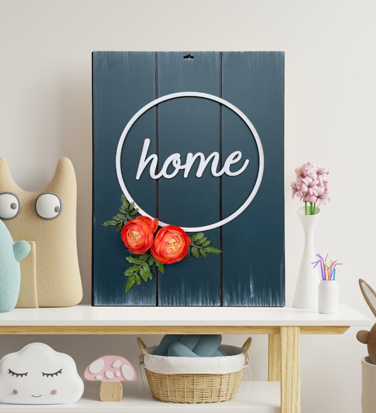 Home With Roses Rectangular Rustic Blue 3D Wooden Wall Art