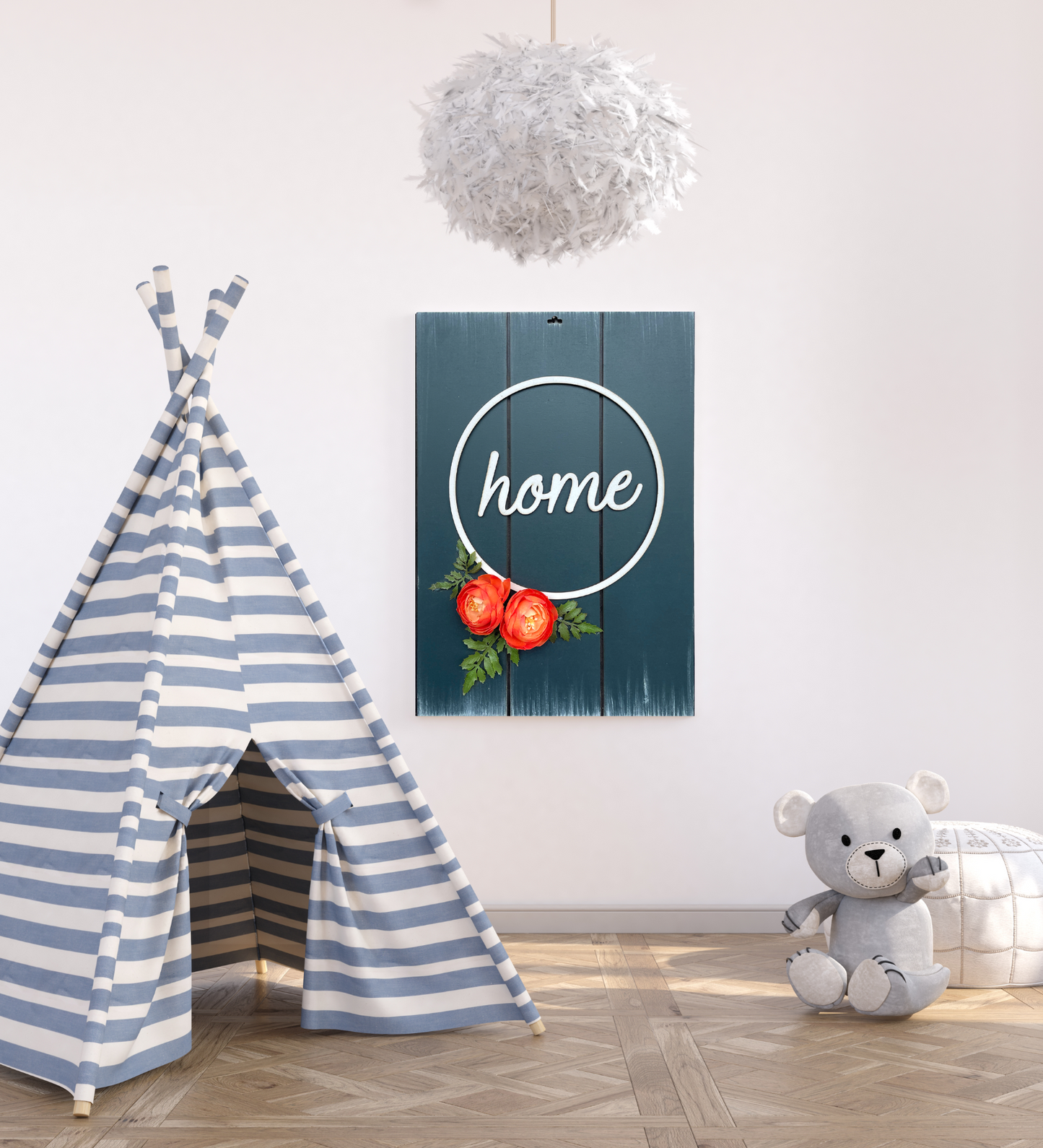 Home With Roses Rectangular Rustic Blue 3D Wooden Wall Art