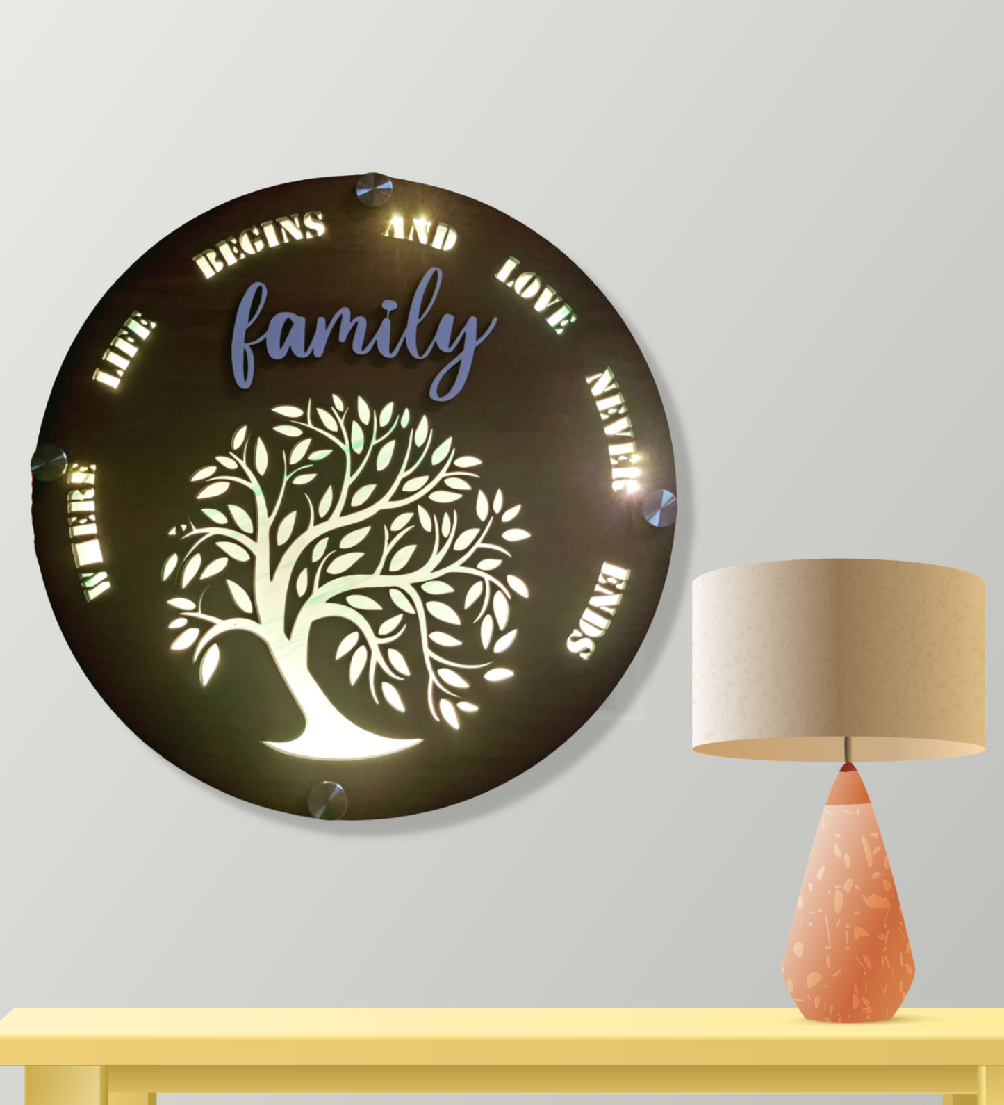 Family Quote With Tree Backlight Wooden Wall Art
