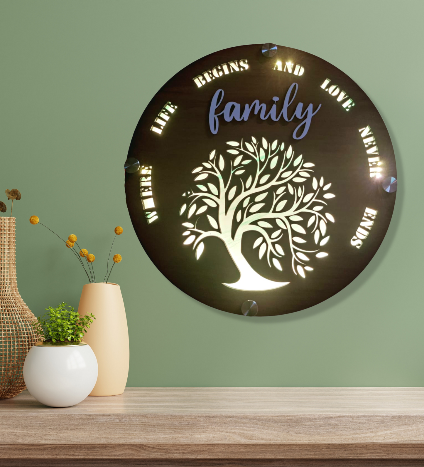Family Quote With Tree Backlight Wooden Wall Art
