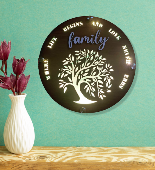 Family Quote With Tree Backlight Wooden Wall Art