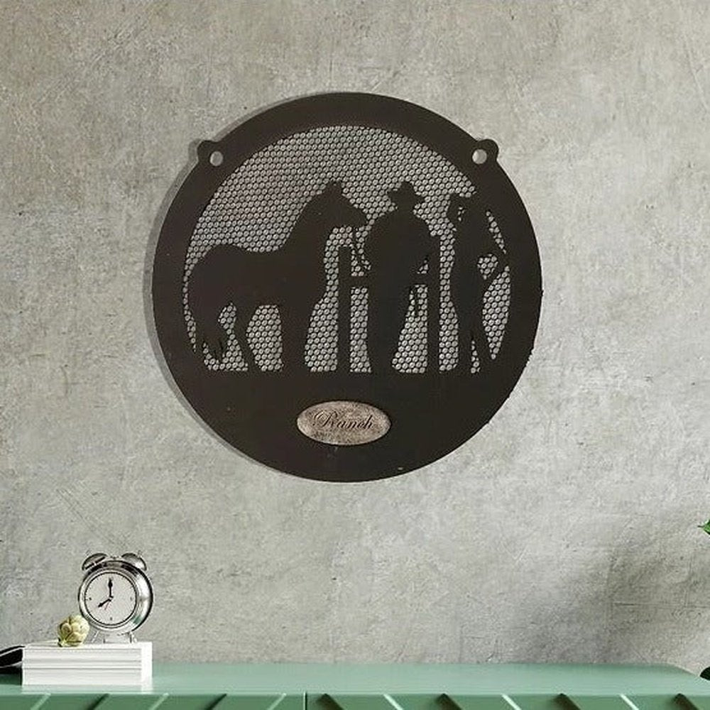 3D Wooden Couple With Horse Ranch Wall Hanging-Black & Silver