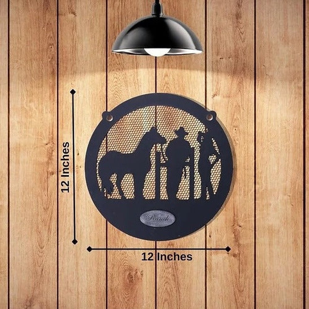 3D Wooden Couple With Horse Ranch Wall Hanging-Black & Silver
