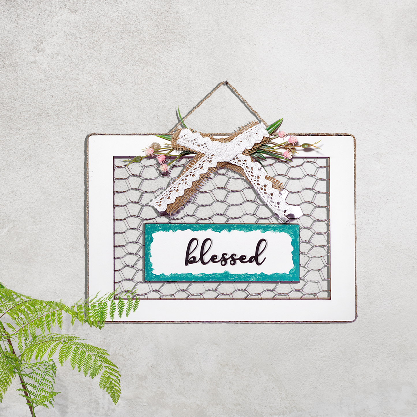 Blessed Knitted 3D Wooden Wall Art With Wire Mesh & Bow