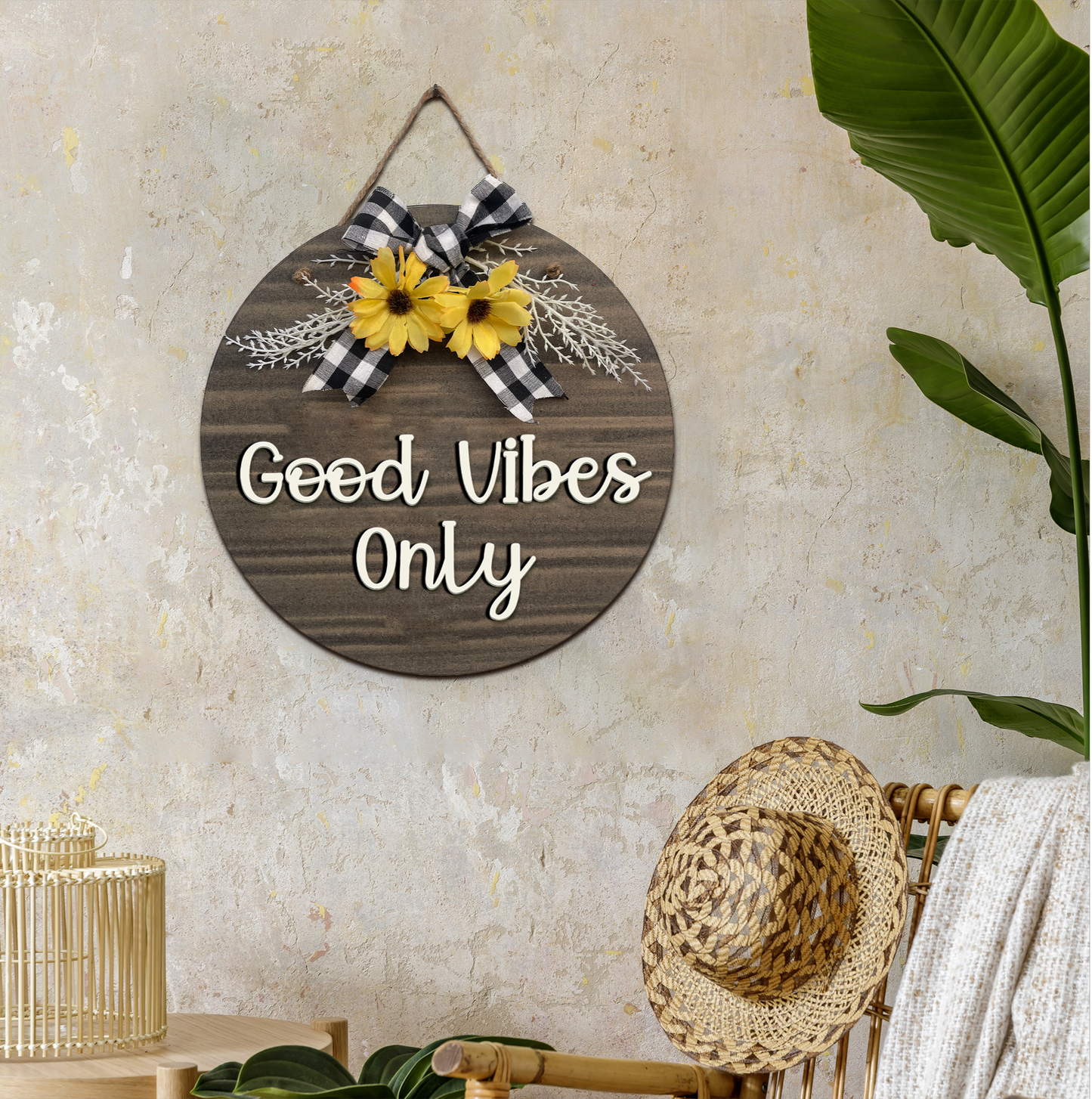 Good Vibes Only Wall Hanging Round Wooden Decorative Frame Board Plaque Art