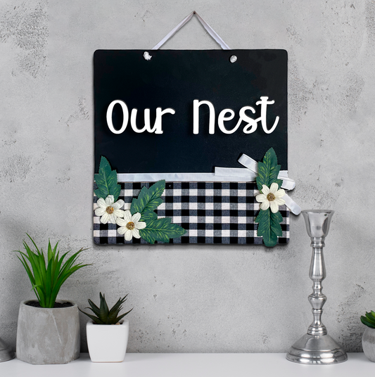 Our Nest Wall Decor Hanging Wooden Plate Frame 3D Buffalo Print Floral Art