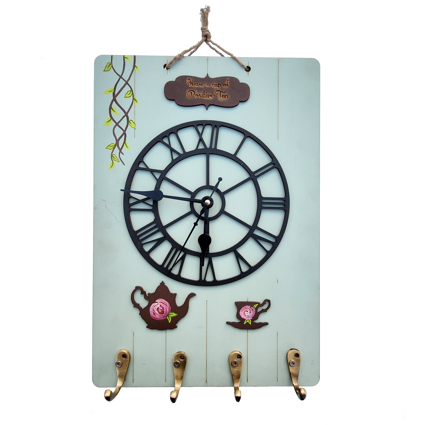 Vintage Clock With 4 Key Holders Wooden Wall Décor