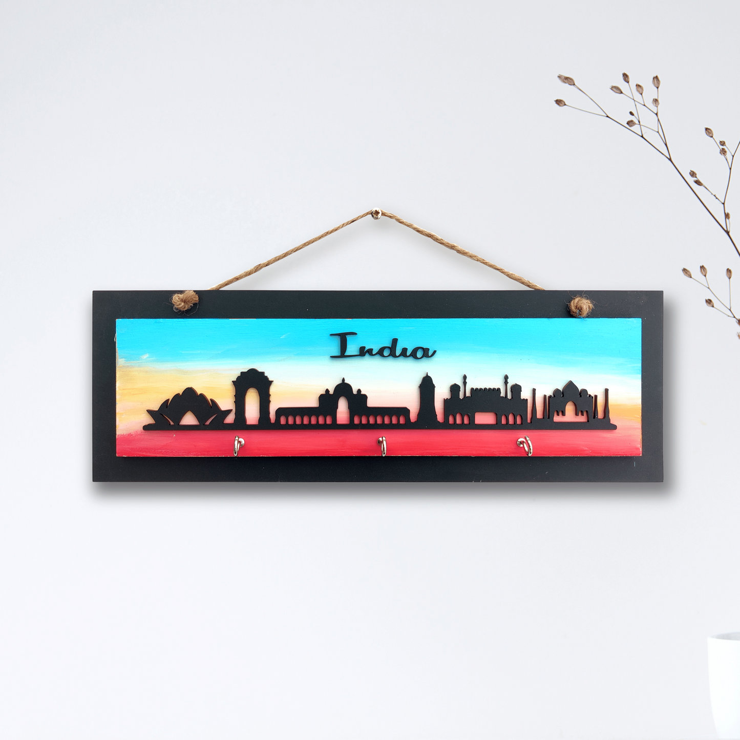 India Skyline Wooden Keyholder with 3 Hooks