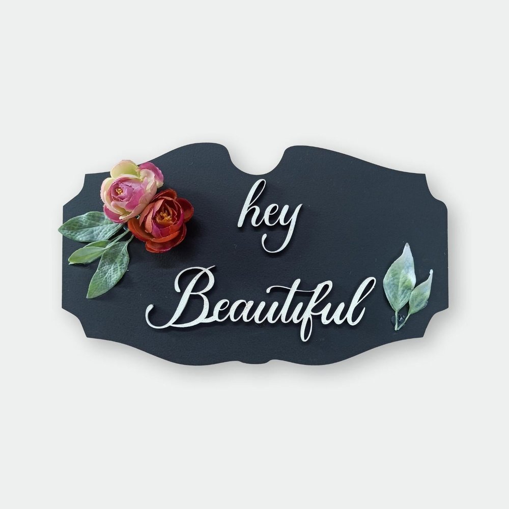 Black Nameplate With Beautiful Flowers and Leaves