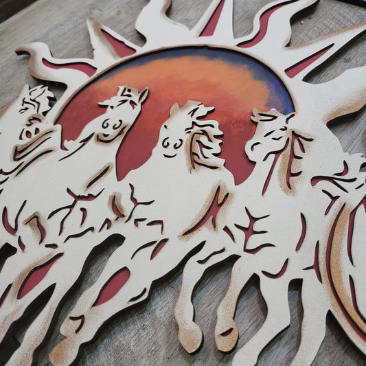 7 Horses With Rising Sun Vaastu Wall Art in Ivory and Orange