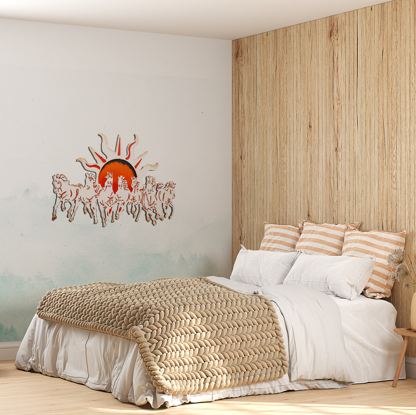 7 Horses With Rising Sun Vaastu Wall Art in Ivory and Orange