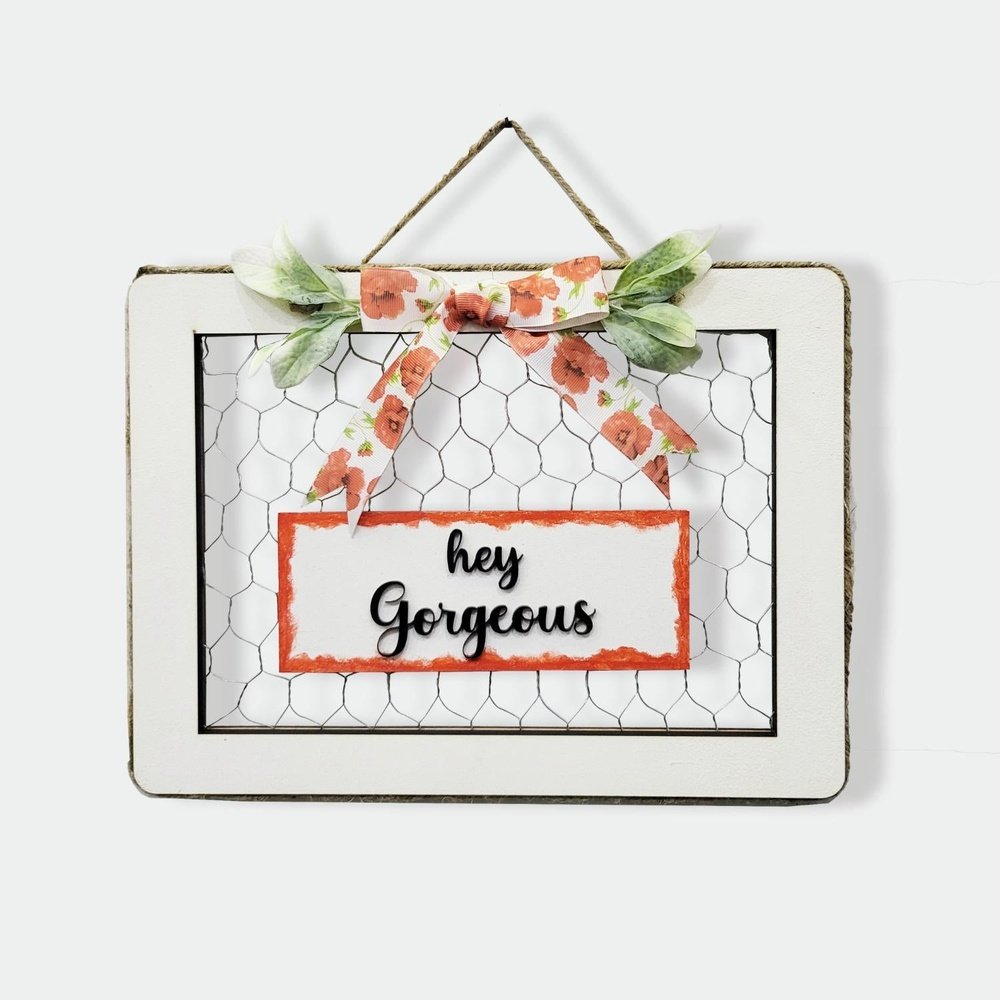 Hey Gorgeous 3D Wooden Wall Art With Iron Mesh, Artificial Flowers, and Ribbon Bow